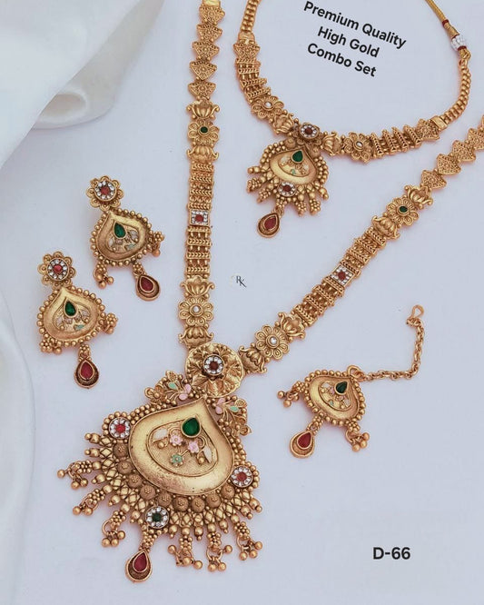 Premium Gold Plated Rajwadi Necklace Combo Set with Long Necklace, Short Necklace,  Earrings & Maang Tika for Women