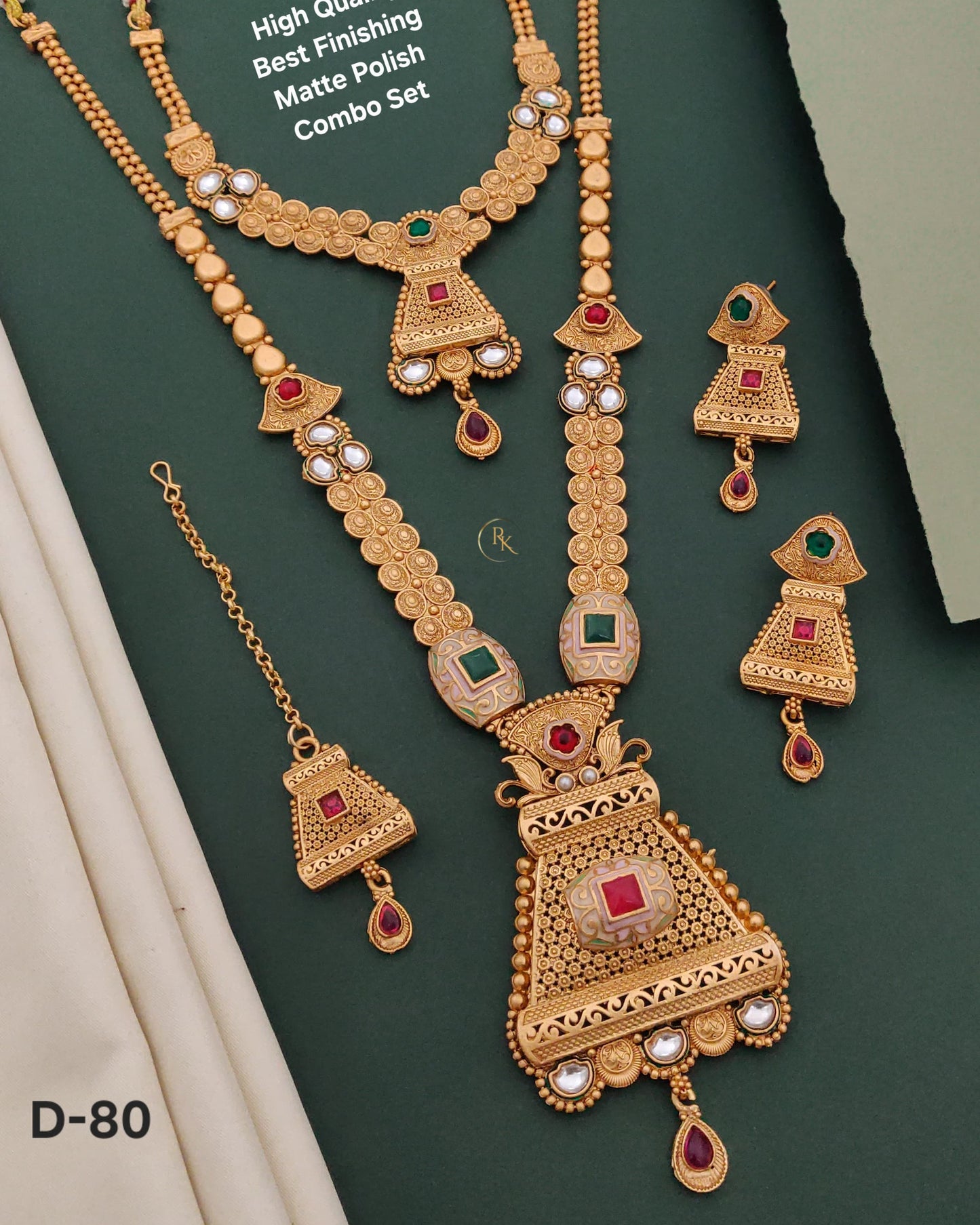 Premium Gold Plated Rajwadi Necklace Combo Set with  Long Necklace, Short Necklace, Earrings & Maang Tika for Women