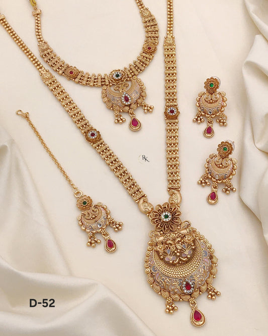Premium Gold Plated Rajwadi Necklace Combo  Set with Long Necklace, Short Necklace, Earrings & Maang Tika for Women