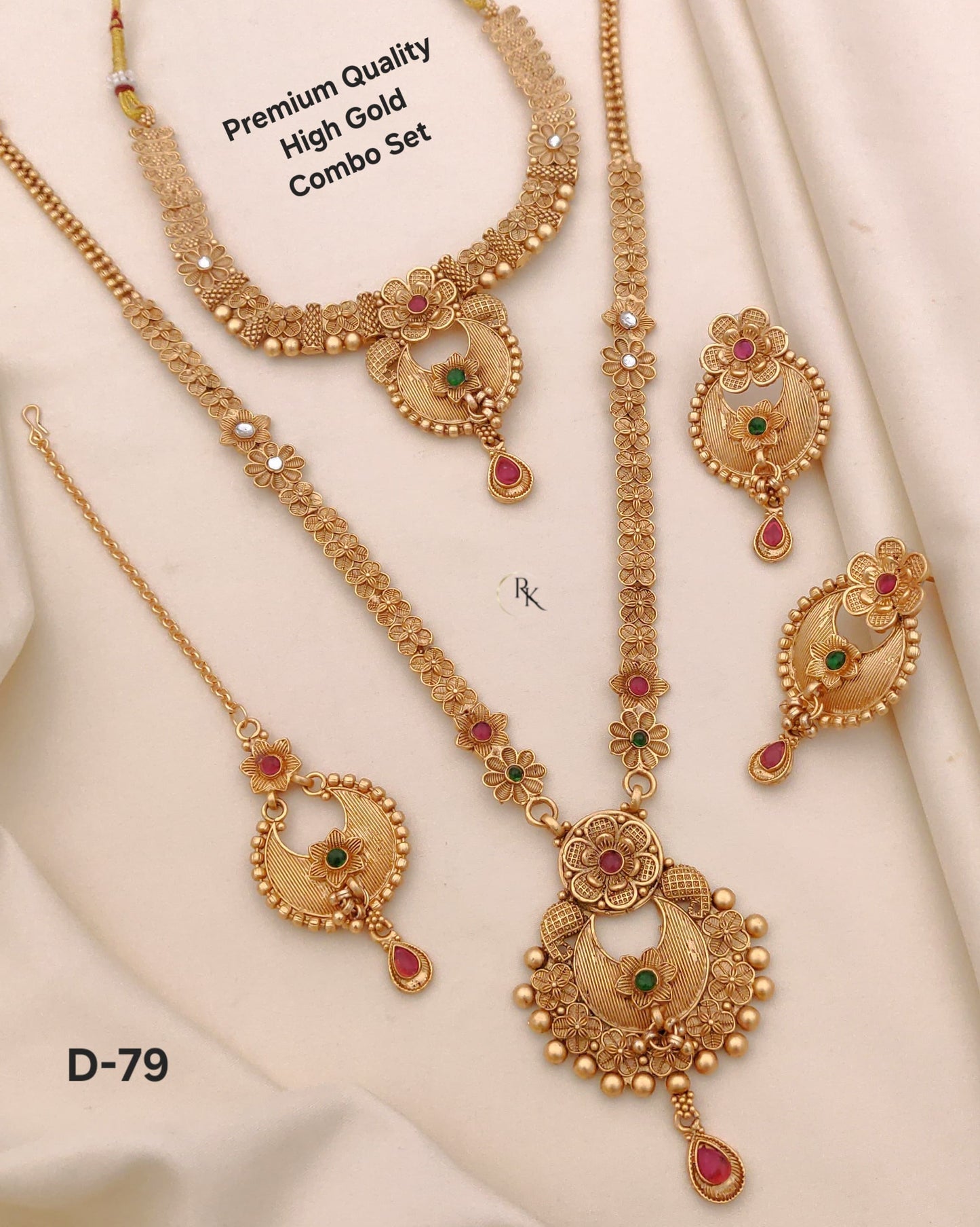 Premium Gold Plated Rajwadi Necklace Combo Set with Long Necklace , Short Necklace, Earrings & Maang Tika for Women