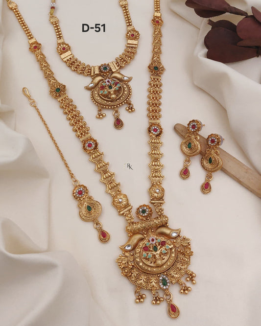 Premium Gold Plated Rajwadi Necklace Combo Set with Long Necklace,  Short Necklace, Earrings & Maang Tika for Women