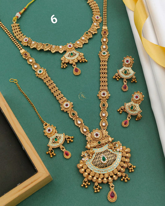 Premium Gold Plated Rajwadi Necklace Combo Set with Long Necklace, Short Necklace,  Earrings & Maang Tika for Women