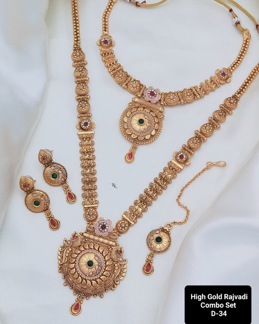 Premium Gold Plated Rajwadi Necklace Combo Set with Long Necklace, Short  Necklace, Earrings & Maang Tika for Women