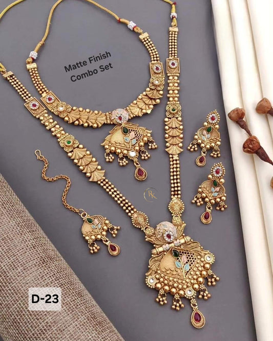 Premium Gold Plated Rajwadi Necklace Combo Set with Long Necklace,  Short Necklace, Earrings & Maang Tika for Women