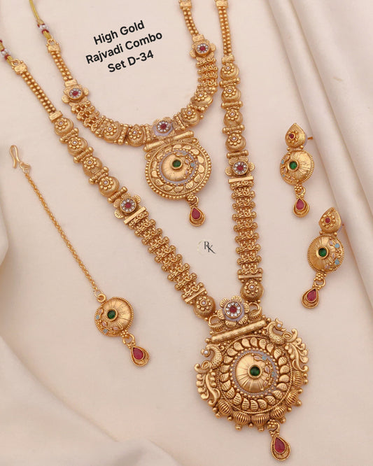 Premium Gold Plated Rajwadi Necklace Combo Set with Long Necklace,  Short Necklace, Earrings & Maang Tika for Women