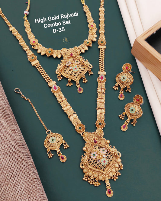 Premium Gold Plated Rajwadi Necklace Combo  Set with Long Necklace, Short Necklace, Earrings & Maang Tika for Women