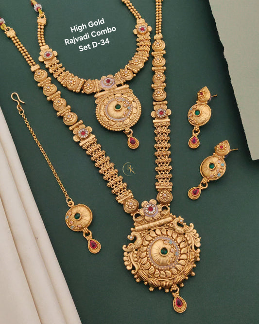 Premium Gold Plated Rajwadi Necklace Combo Set with Long  Necklace, Short Necklace, Earrings & Maang Tika for Women