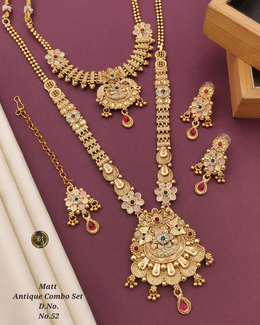 Premium Gold Plated Rajwadi Necklace Combo Set with  Long Necklace, Short Necklace, Earrings & Maang Tika for Women