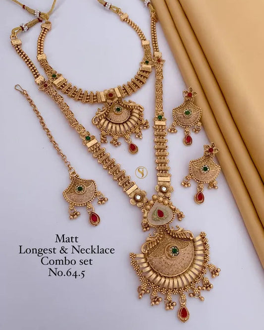 Premium Gold Plated Rajwadi Necklace Combo Set with Long Necklace, Short Necklace, Earrings & Maang Tika for Women