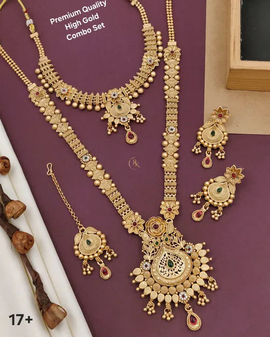 Premium Gold Plated Rajwadi Necklace Combo Set  with Long Necklace, Short Necklace, Earrings & Maang Tika for Women
