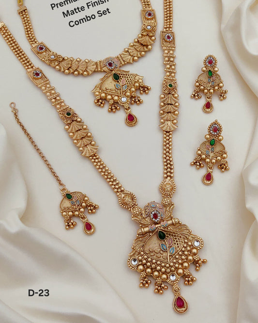 Premium Gold Plated Rajwadi Necklace  Combo Set with Long Necklace, Short Necklace, Earrings & Maang Tika for Women