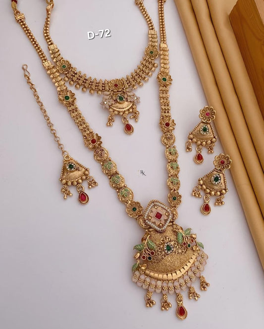 Premium Gold Plated Rajwadi Necklace Combo Set with  Long Necklace, Short Necklace, Earrings & Maang Tika for Women